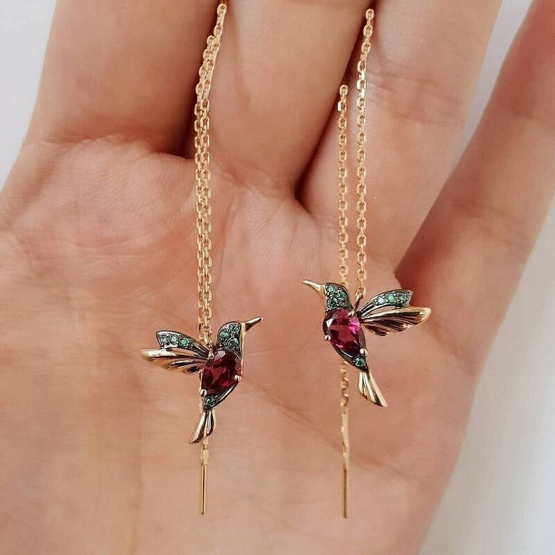 Pendientes colibrí de plata adornados con circonitas y esmalte pintado a mano